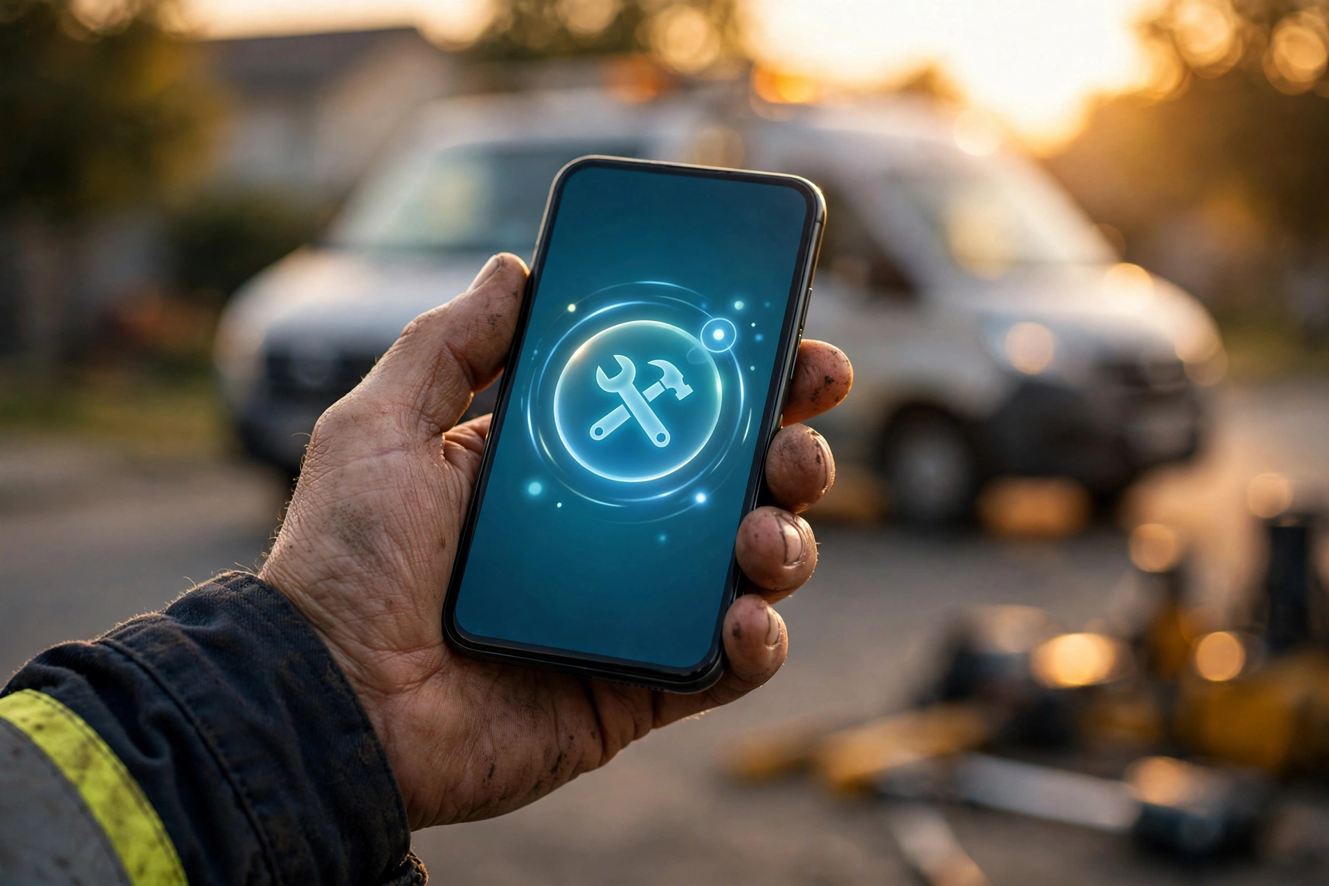 A work-worn contractor's hand holding a smartphone displaying a glowing tools icon, with service vans blurred in the background at sunset.