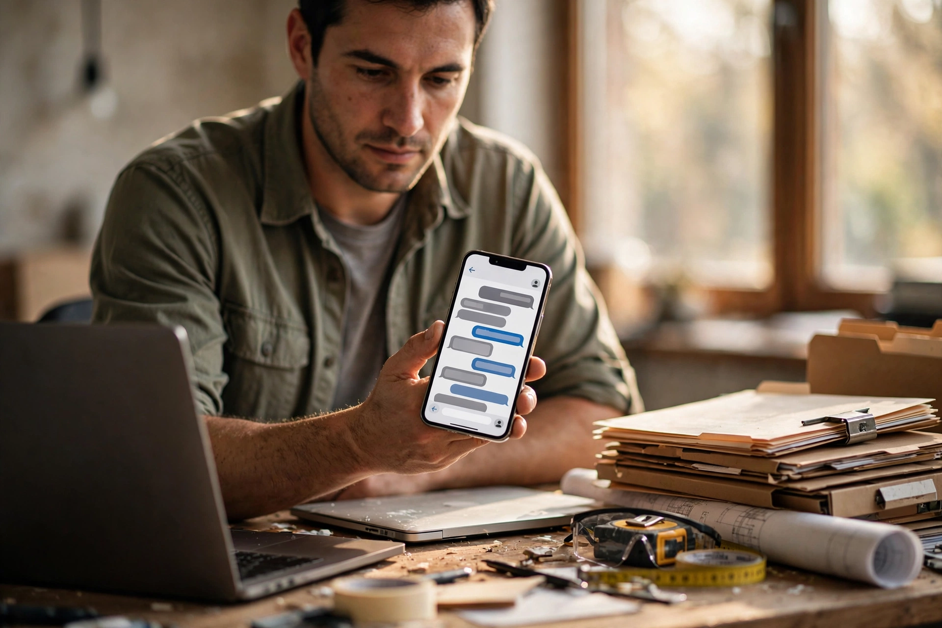 A contractor at a workbench holding a smartphone showing a chat conversation, with a laptop, blueprints, and tools on the desk.