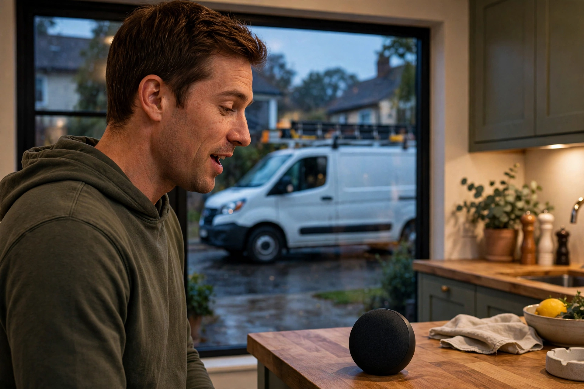 A homeowner speaking to a voice assistant in a kitchen, with a contractor's van visible through the window.