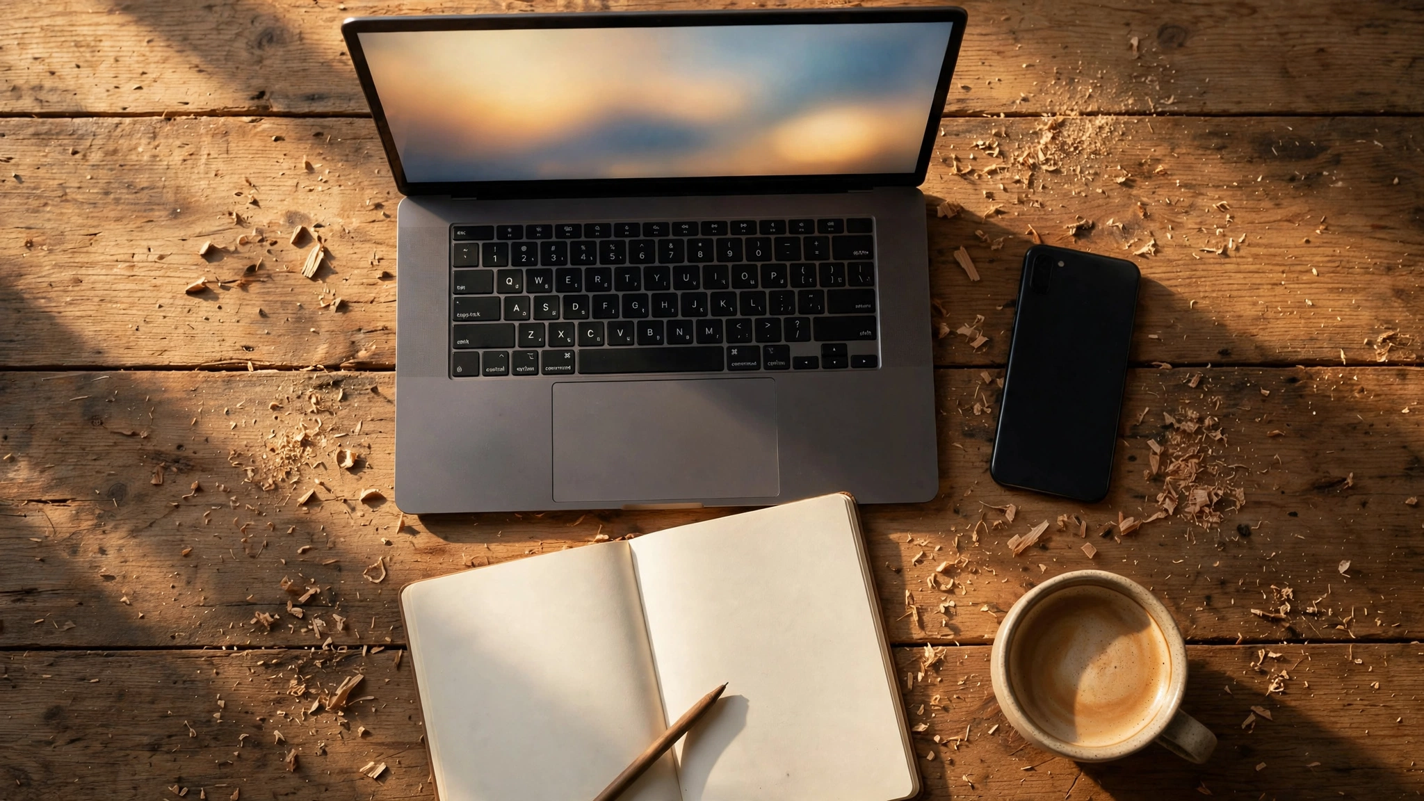An overhead view of a laptop, smartphone, notebook, and coffee on a workbench scattered with wood shavings.