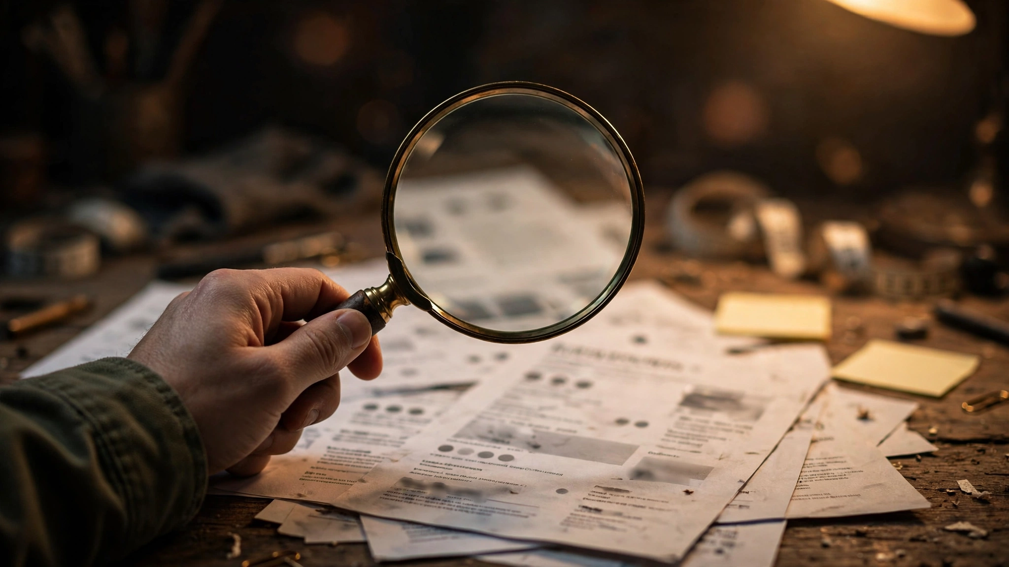 A hand holding a magnifying glass over printed pages spread across a workbench.